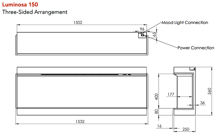 Luminosa 150 Electric Fire SIzes