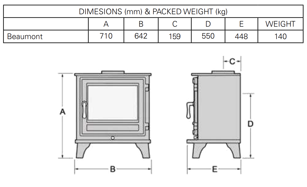 Chesneys Beaumont 8WS Mk3 Stove Dimensions