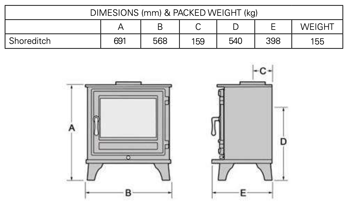 Chesneys Shoreditch 8WS Mk3 Stove Dimensions