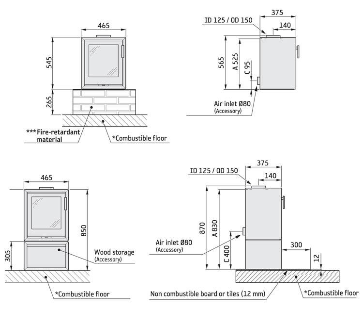 Contura 130 Wood Burning Stove Dimensions