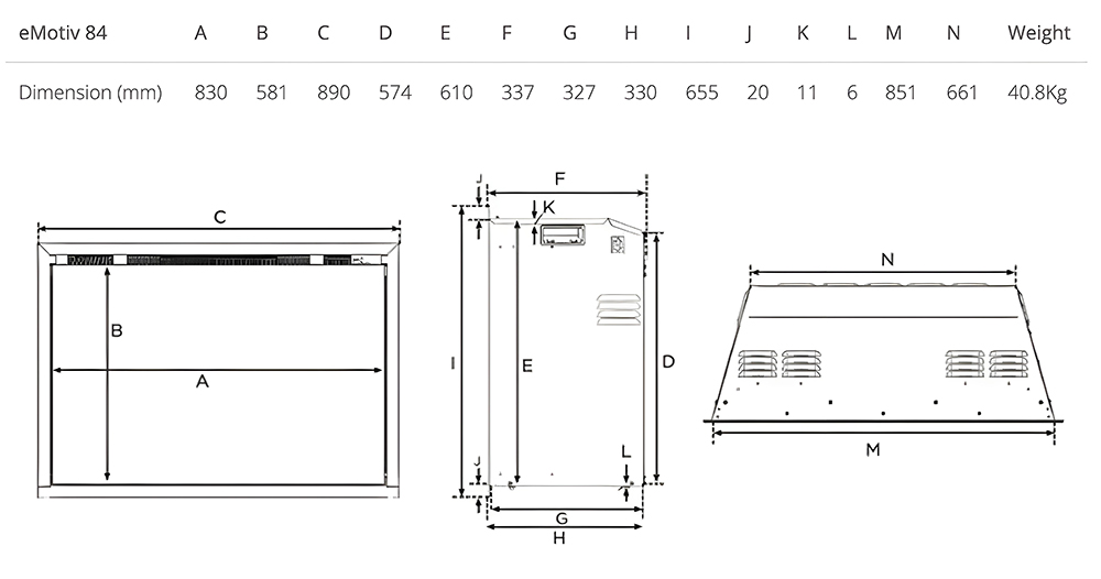 Sizes of Gazco eMotiv 84 Electric Fire