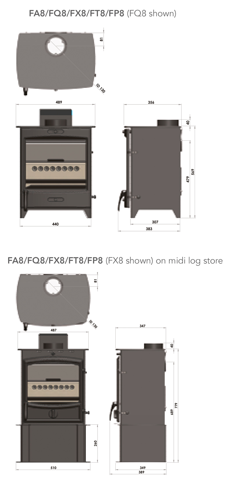 Fireline 8kW Multi-Fuel Stove Dimensions