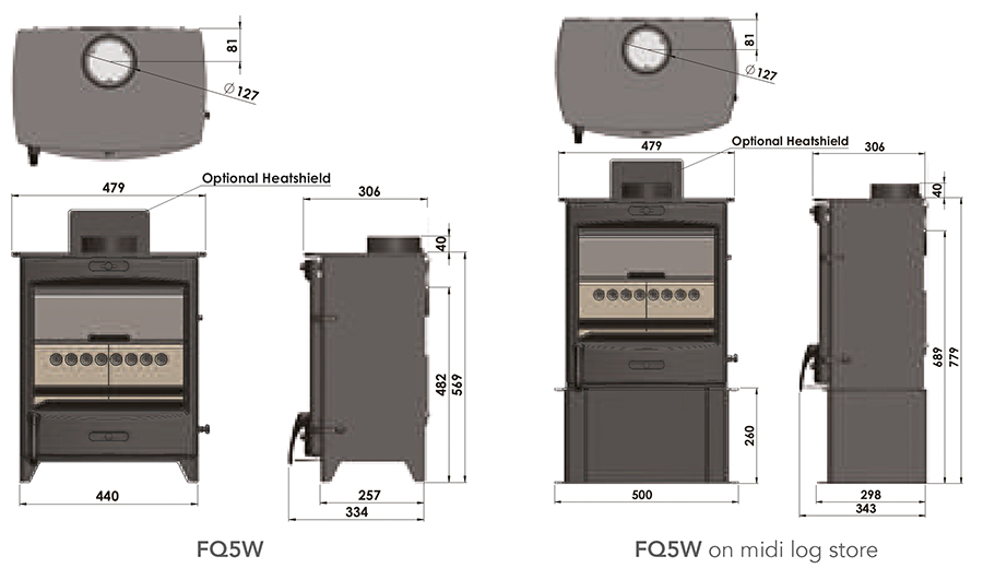 Fireline FQ5W 5kW Wide Multi-Fuel Stove Dimensions