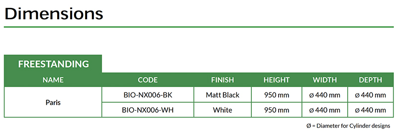 Henley Paris Bioethanol Stove Dimensions