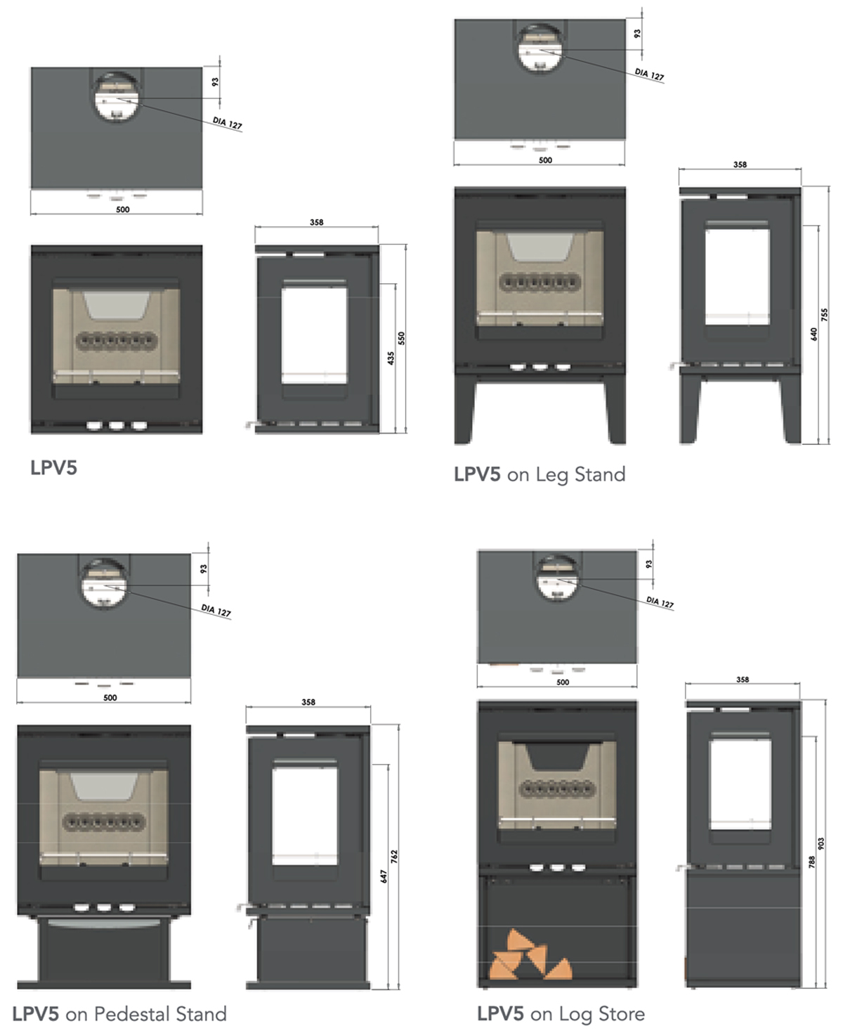 Purevision LPV5 Linear Wood Burning Stove Sizes