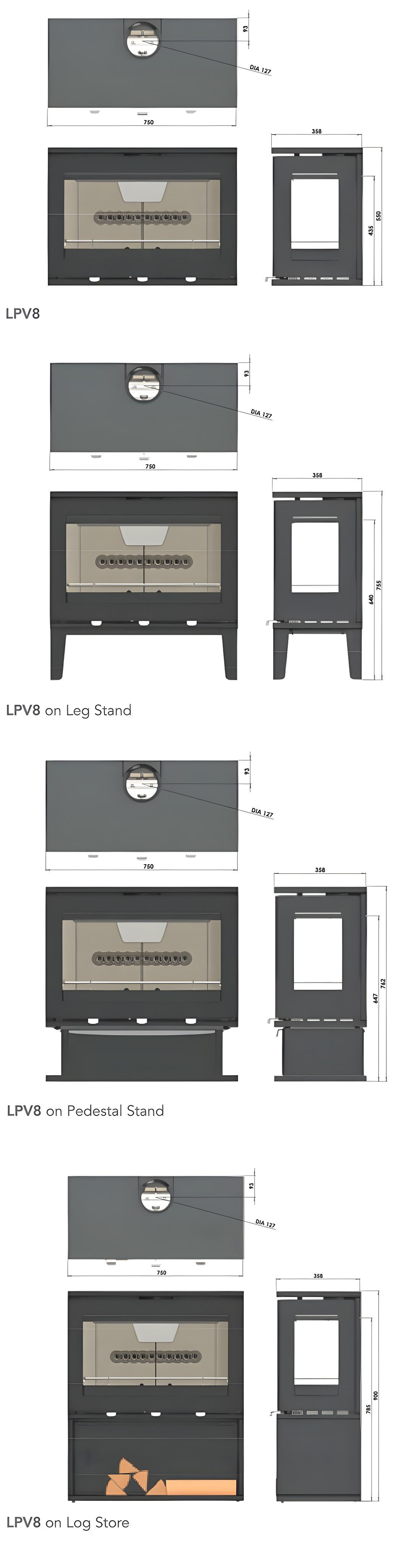 Purevision LPV8 Wood Burning Stove Dimensions