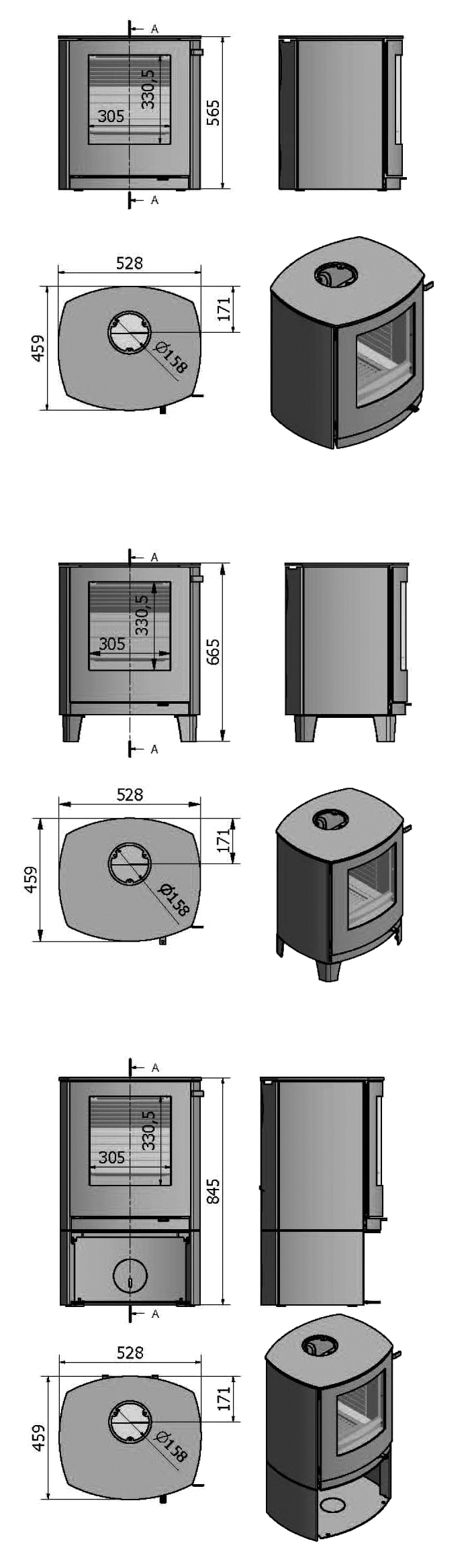 RAIS Q-Tee C Stove Sizes