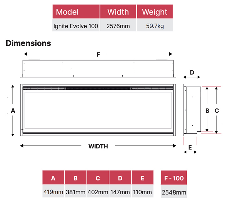 Dimplex Ignite Evolve 100 Electric Fire Dimensions