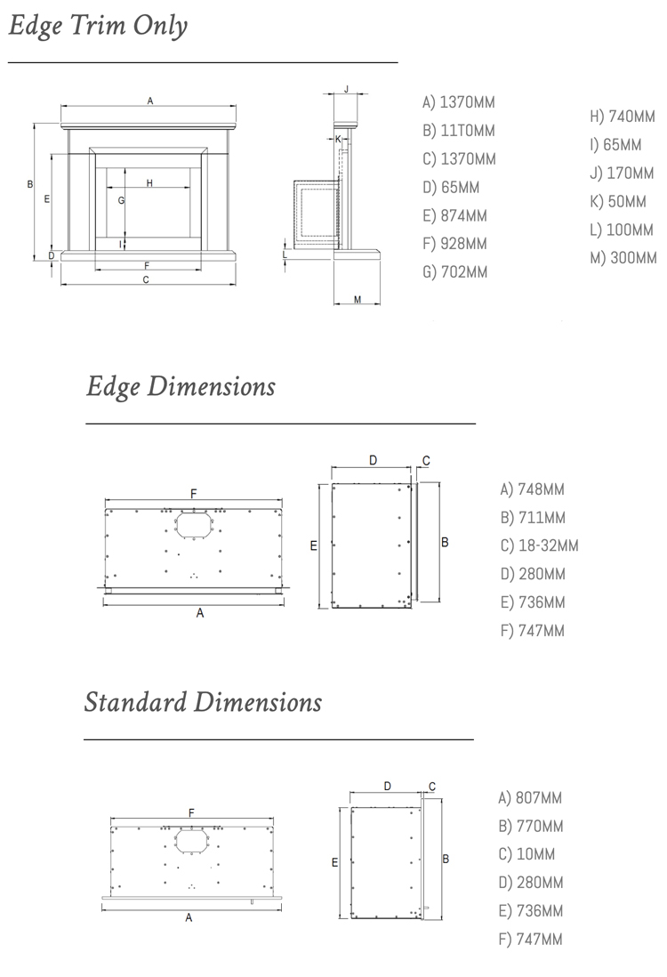 Valentia Marble Fireplace with Ravel 750 Gas Fire Sizes