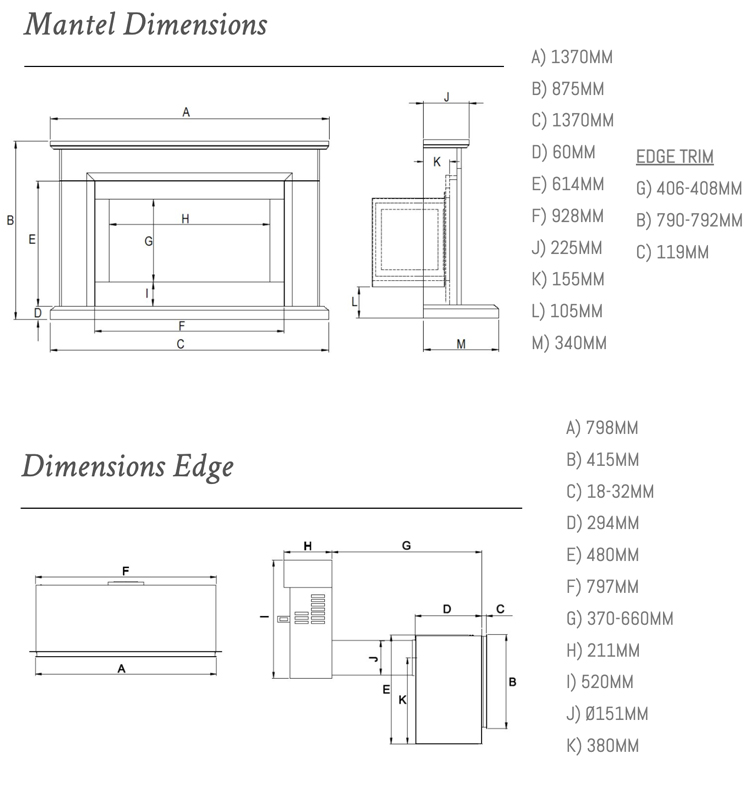 Ravel 800BF Balanced Flue Gas Fire in Asti Suite Dimensions