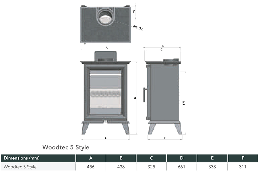 Fireline Woodtec 5 Style Wood Stove Dimensions