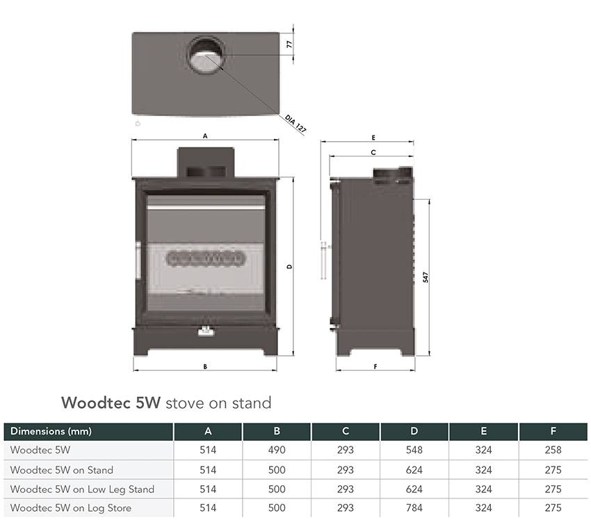 Woodtec 5W Wide Wood Stove Dimensions